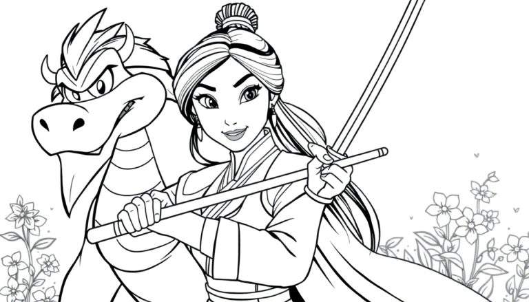 Desenho linear em preto e branco de Mulan com Mushu, pronto para colorir.