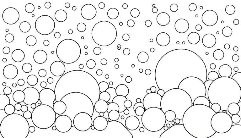 Um painel de cores de círculos, onde os círculos maiores e mais próximos estão na parte inferior, enquanto os círculos menores e mais dispersos estão na parte superior.