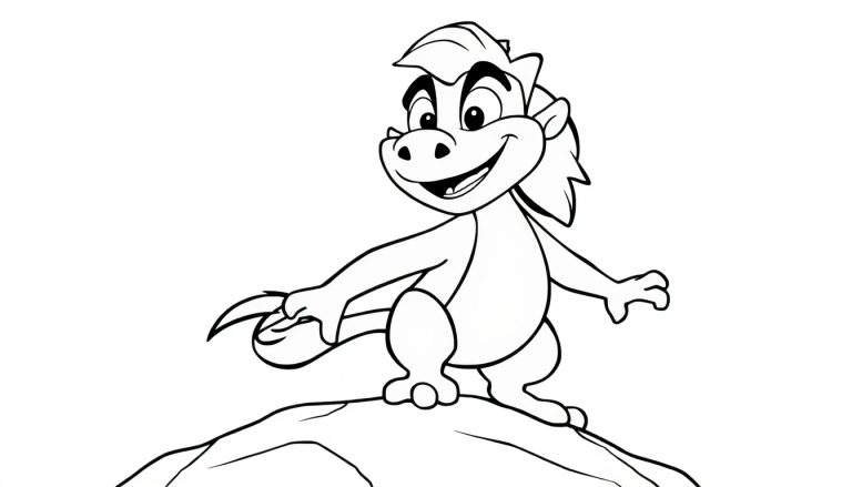 Um dragão animado em preto e branco sorri em cima de uma rocha, com os braços esticados e as pernas dobradas. Uma pequena crista adorna sua cabeça e uma cauda longa e fina se curva para cima, pronto para colorir neste color panel.
