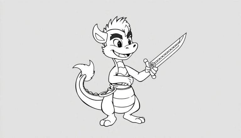 Um dragão antropomórfico sorridente com uma espada.