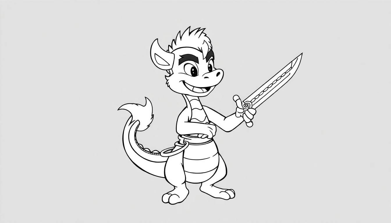 Um dragão antropomórfico sorridente com uma espada.