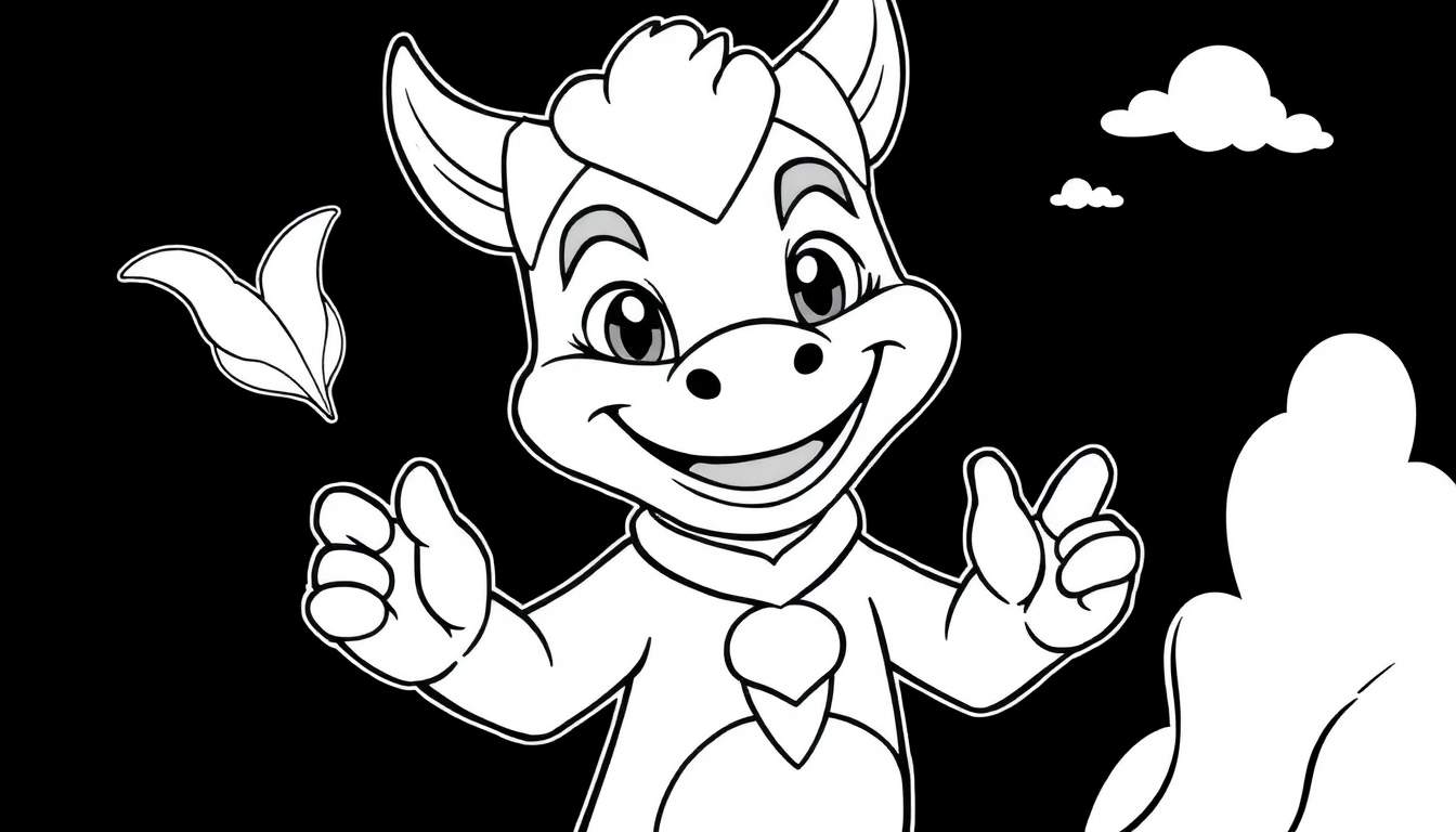 Um dragãozinho sorrindo e dando joinha com orelhas pontudas e um colar, em um estilo de color panel.