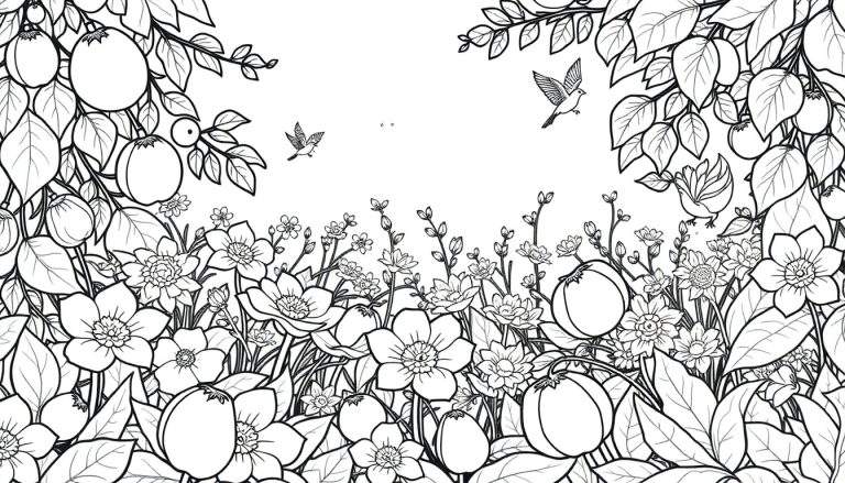 Um desenho preto e branco de flores e frutos com pássaros voando.