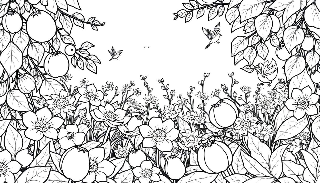 Um desenho preto e branco de flores e frutos com pássaros voando.
