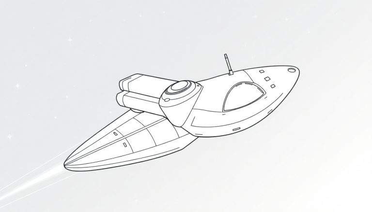 Uma nave espacial estilizada em preto e branco, com linhas de velocidade emanação da sua traseira, cruzando um fundo estrelado.