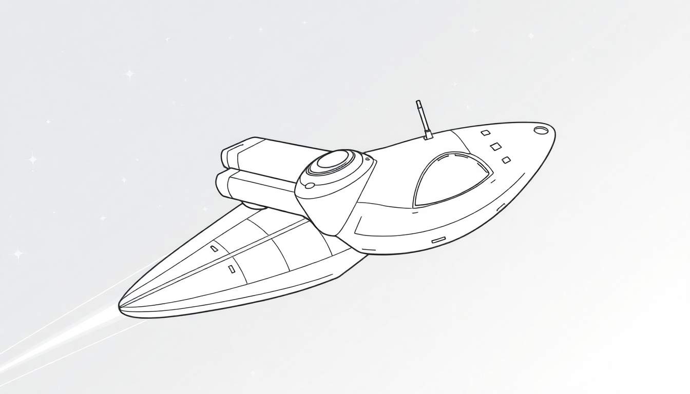 Uma nave espacial estilizada em preto e branco, com linhas de velocidade emanação da sua traseira, cruzando um fundo estrelado.