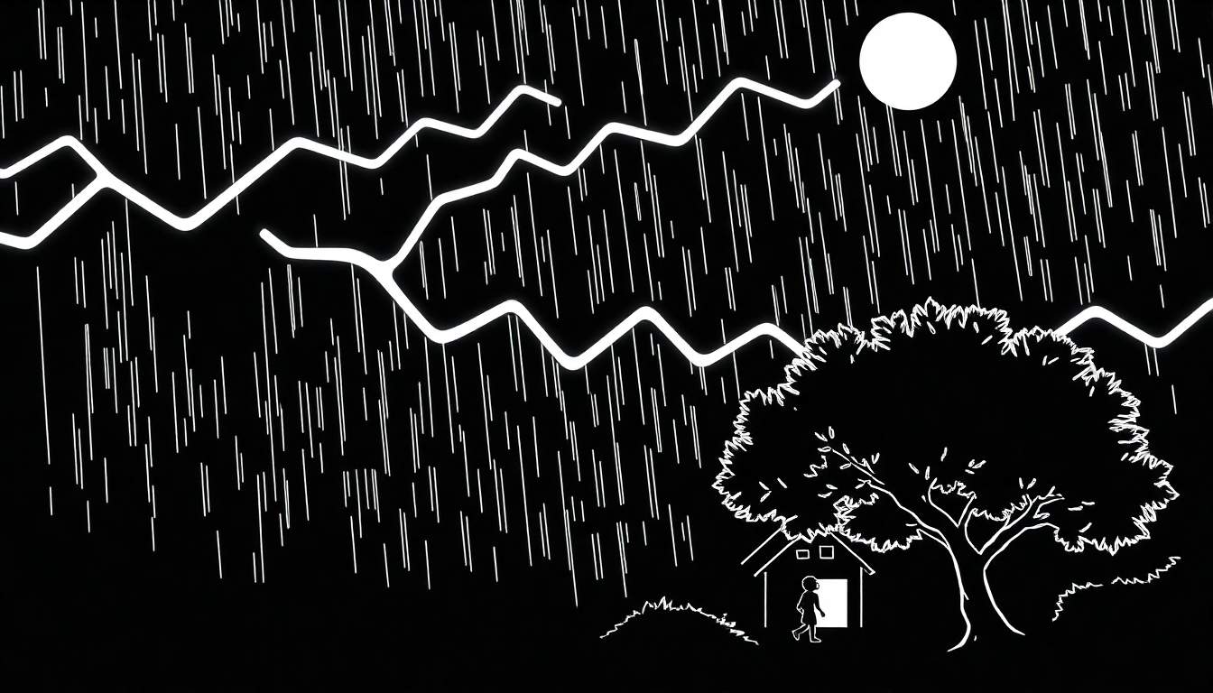 Um céu noturno chuvoso e tempestuoso com raios iluminando a cena, uma lua cheia brilhante, uma árvore e uma casa acolhedora com uma pessoa na porta.