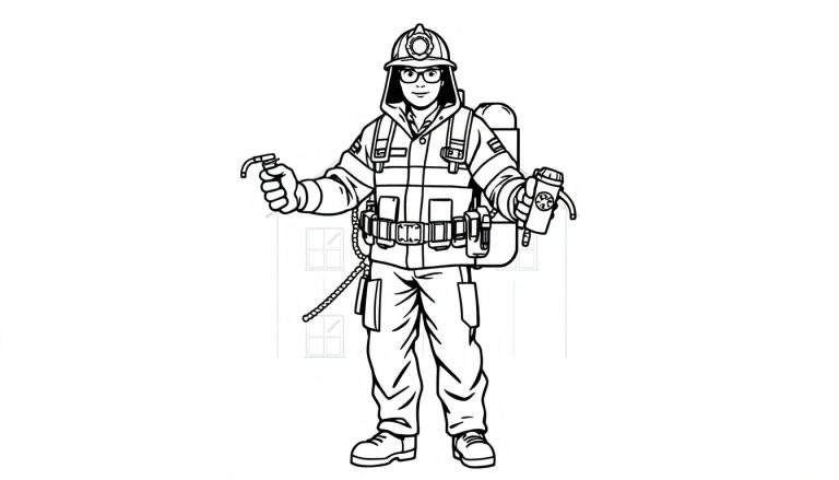 Um bombeiro de desenho animado em preto e branco com um capacete, mangueira e copo de café da Starbucks.