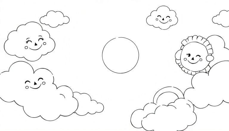Ilustração em preto e branco de um céu com nuvens sorridentes e um sol escondido, com um arco-íris sutil.
