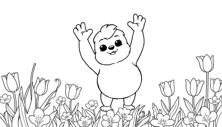 Ursinho sorridente em um campo de flores, pronto para colorir, parte de um color panel.