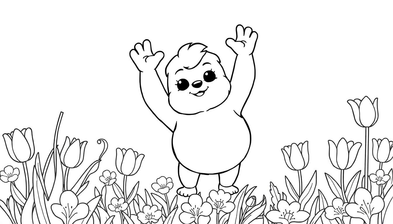 Ursinho sorridente em um campo de flores, pronto para colorir, parte de um color panel.