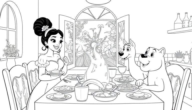Ilustração em preto e branco de uma mulher sorridente sentada à mesa, servindo uma sobremesa para dois cães felizes. A mesa está cheia de comida, incluindo um peru e frutas. Uma janela aberta no fundo mostra um jardim.