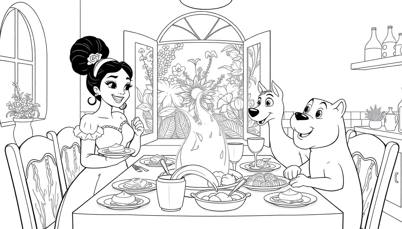 Ilustração em preto e branco de uma mulher sorridente sentada à mesa, servindo uma sobremesa para dois cães felizes. A mesa está cheia de comida, incluindo um peru e frutas. Uma janela aberta no fundo mostra um jardim.