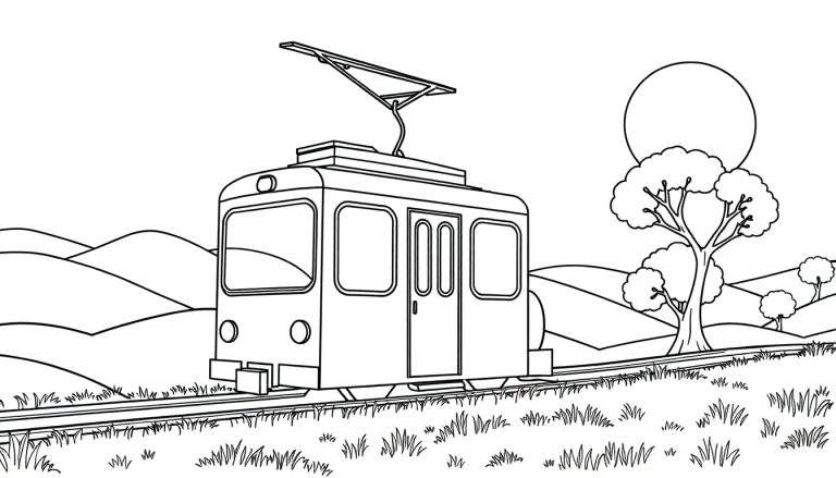Bonde preto e branco em paisagem rural com sol, árvore e trilhos, pronto para colorir.