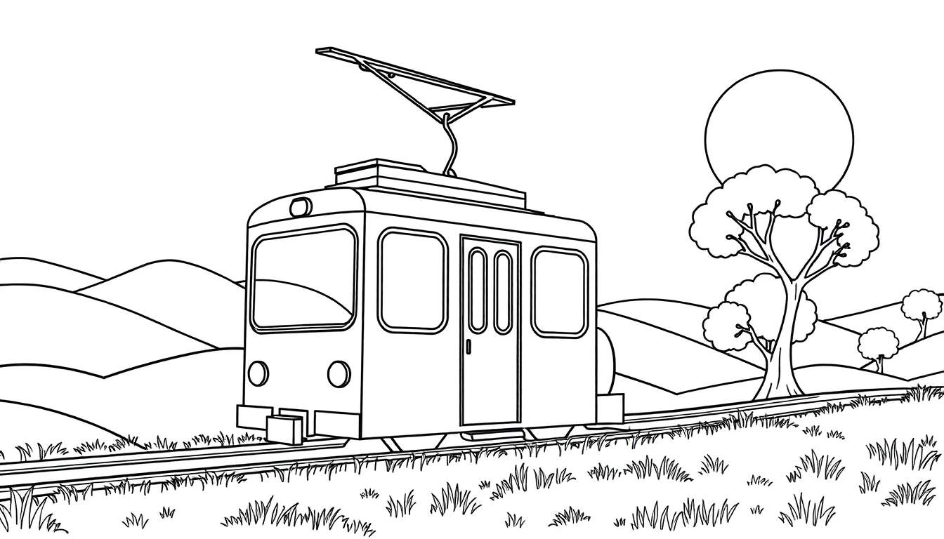 Bonde preto e branco em paisagem rural com sol, árvore e trilhos, pronto para colorir.