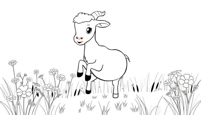 Um cabrito de desenho animado em preto e branco saltando em um campo de flores, com um focinho rosa e uma expressão feliz.