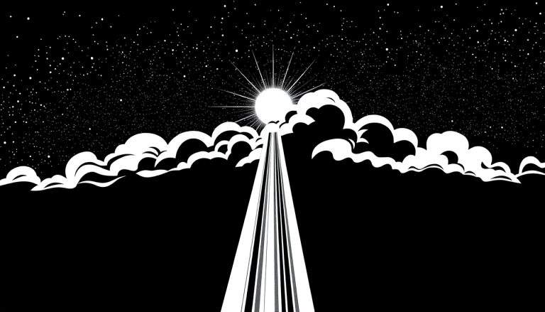 Ilustração em preto e branco de um céu noturno estrelado com nuvens estilizadas, um sol radiante e um caminho ascendente.