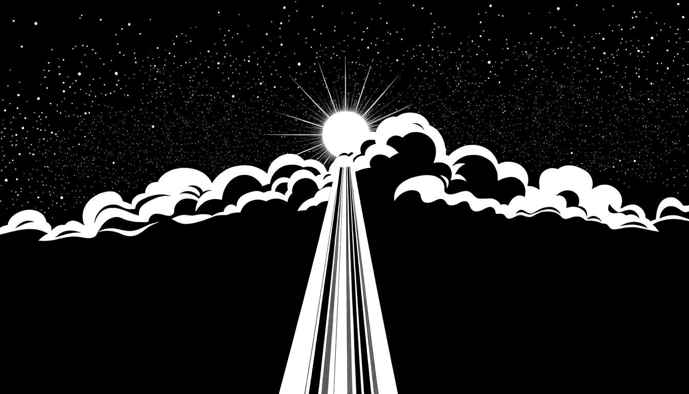 Ilustração em preto e branco de um céu noturno estrelado com nuvens estilizadas, um sol radiante e um caminho ascendente.