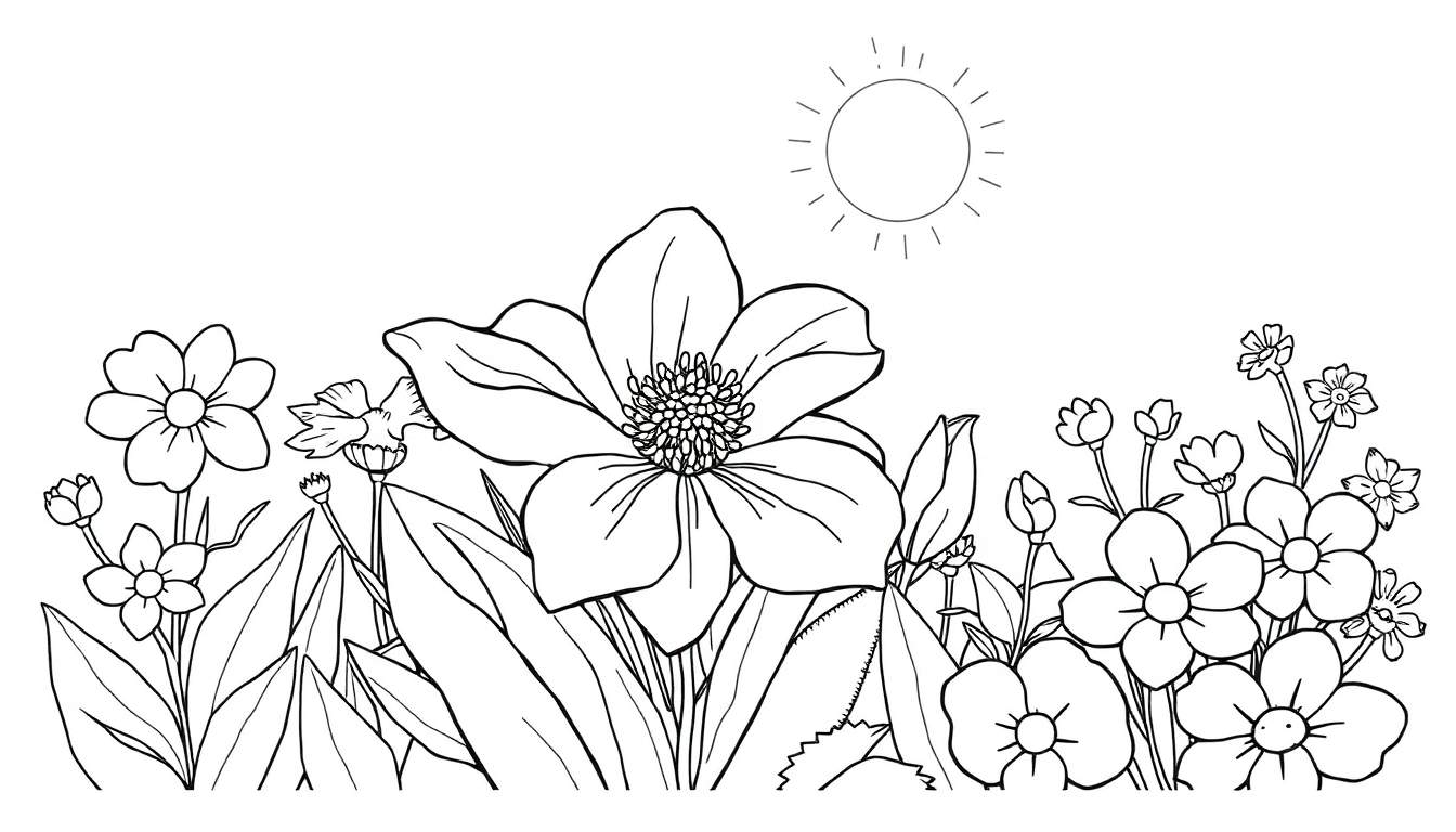Um campo de flores em preto e branco sob o sol, com um color panel sugerido.