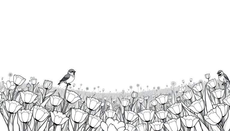Ilustração em preto e branco de um campo de tulipas com duas aves, com um efeito de color panel.