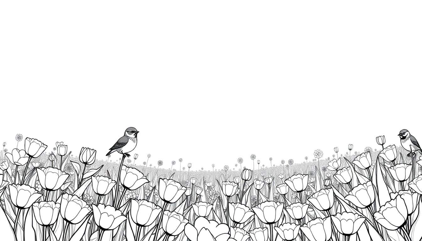 Ilustração em preto e branco de um campo de tulipas com duas aves, com um efeito de color panel.