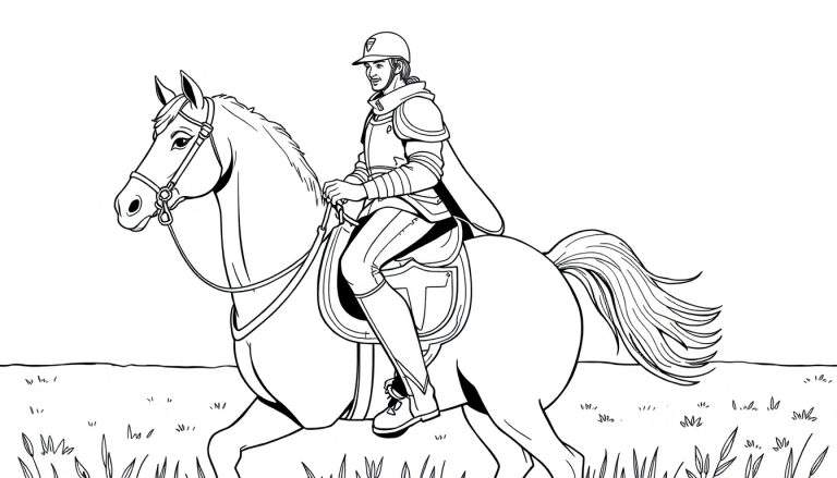 Cavaleiro medieval em um cavalo galopando em um campo, em preto e branco.