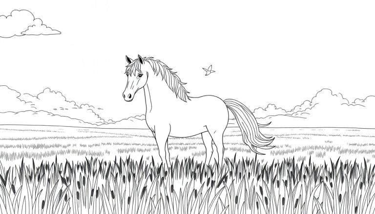 Um cavalo preto e branco pastando num campo com relva alta.