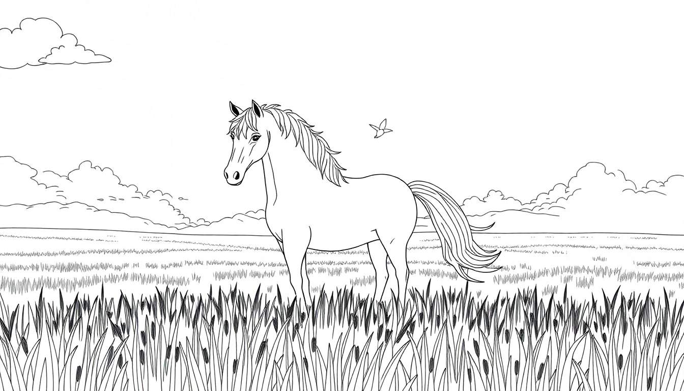 Um cavalo preto e branco pastando num campo com relva alta.