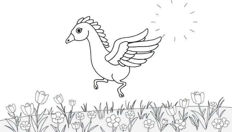 Criatura alada com cabeça de ganso e corpo de cavalo voando sobre um campo de flores sob o sol.