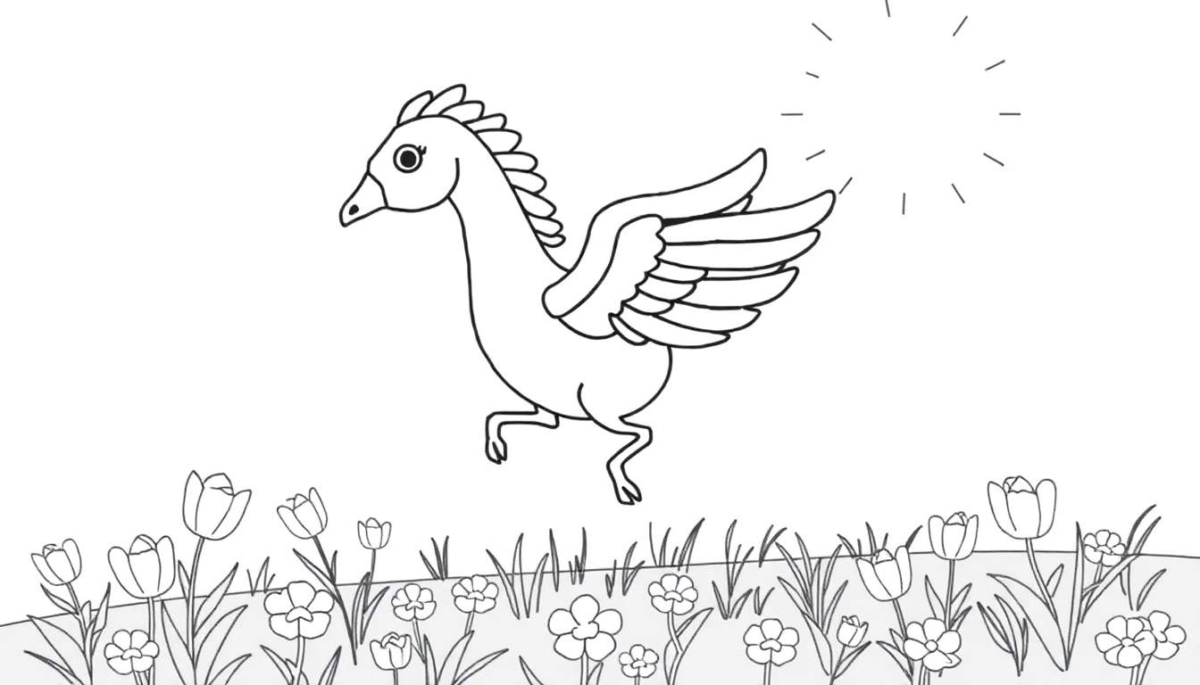 Criatura alada com cabeça de ganso e corpo de cavalo voando sobre um campo de flores sob o sol.