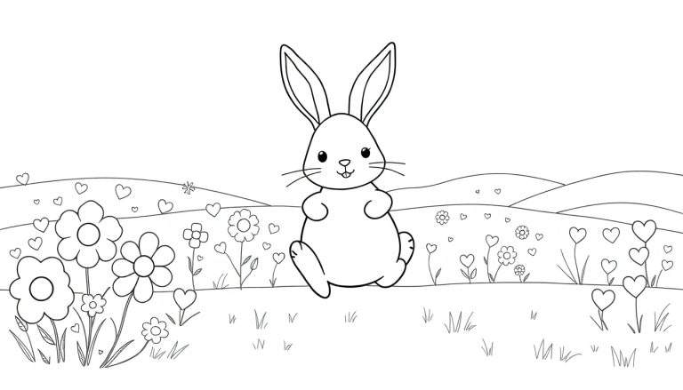 Um coelho fofo sentado num campo de flores com corações espalhados, como num painel de cores.