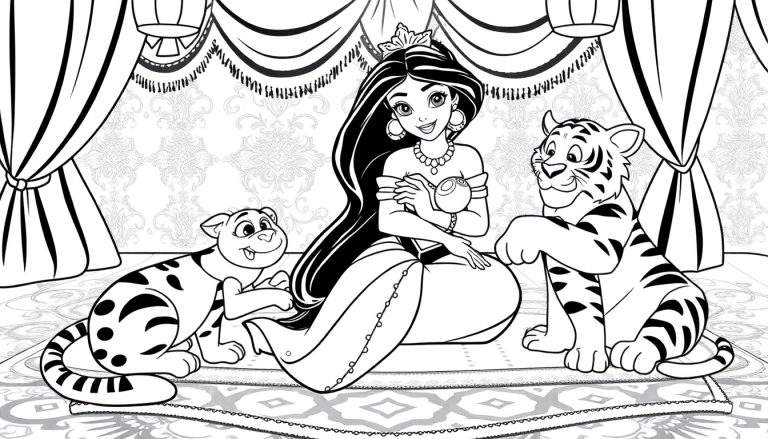 Desenho em preto e branco da Princesa Jasmine com Rajah e um filhote de tigre, em um palácio com cortinas e lanternas.