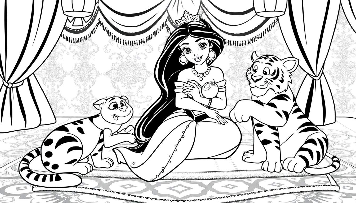 Desenho em preto e branco da Princesa Jasmine com Rajah e um filhote de tigre, em um palácio com cortinas e lanternas.