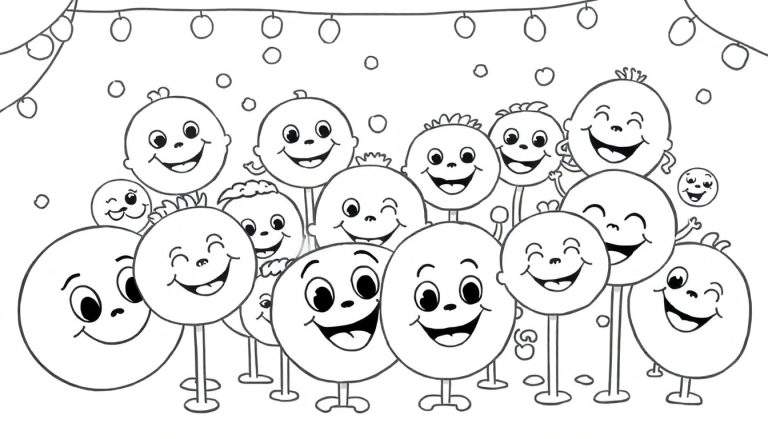 Página para colorir com personagens redondos e sorridentes, formando um círculo festivo.