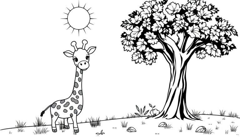Desenho preto e branco de uma girafa comendo folhas de uma árvore sob um sol radiante, com grama e pedras no chão. Um color panel pronto para ser preenchido com cores vibrantes.