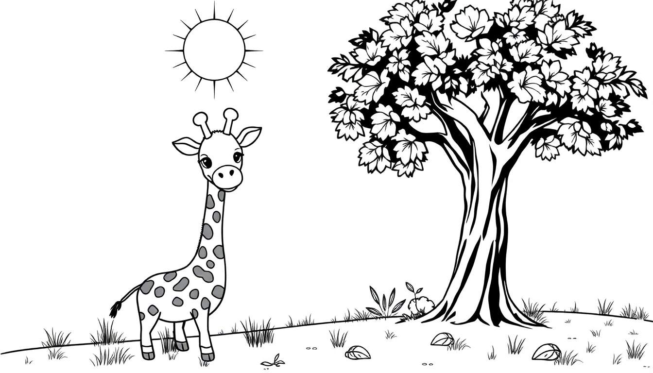 Desenho preto e branco de uma girafa comendo folhas de uma árvore sob um sol radiante, com grama e pedras no chão. Um color panel pronto para ser preenchido com cores vibrantes.