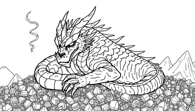 Um dragão preto e branco dormindo sobre um monte de tesouros, com montanhas ao fundo. Uma linha sugere fumaça saindo ao lado.