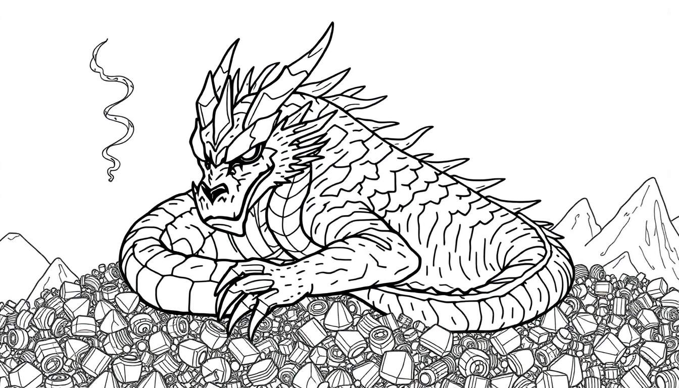Um dragão preto e branco dormindo sobre um monte de tesouros, com montanhas ao fundo. Uma linha sugere fumaça saindo ao lado.