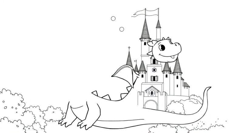 Um dragão sorridente em frente a um castelo com bandeiras.