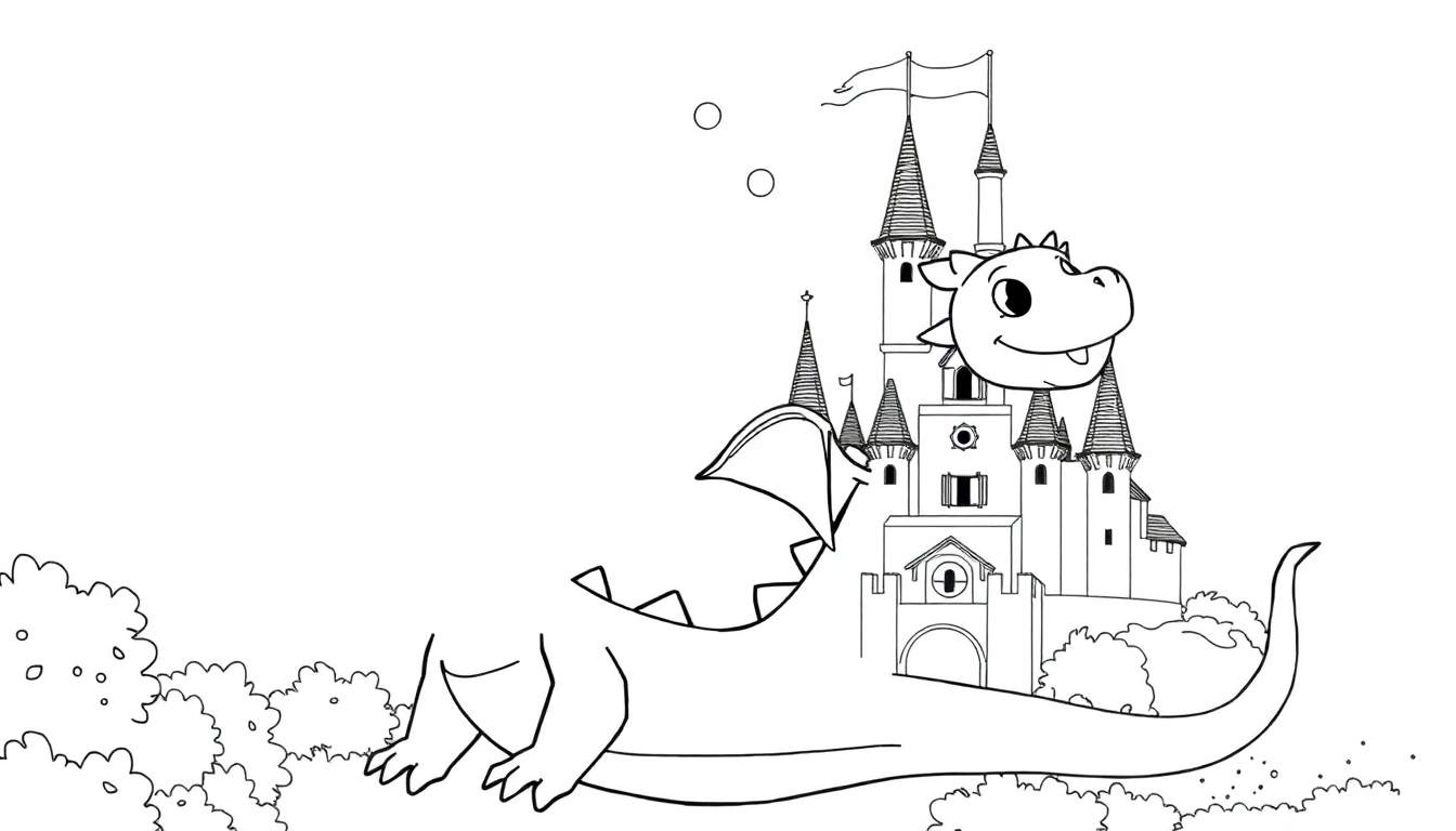 Um dragão sorridente em frente a um castelo com bandeiras.