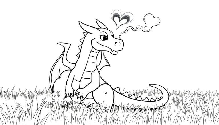 Desenho a preto e branco de um dragão amigável com asas e fumaça em forma de coração.