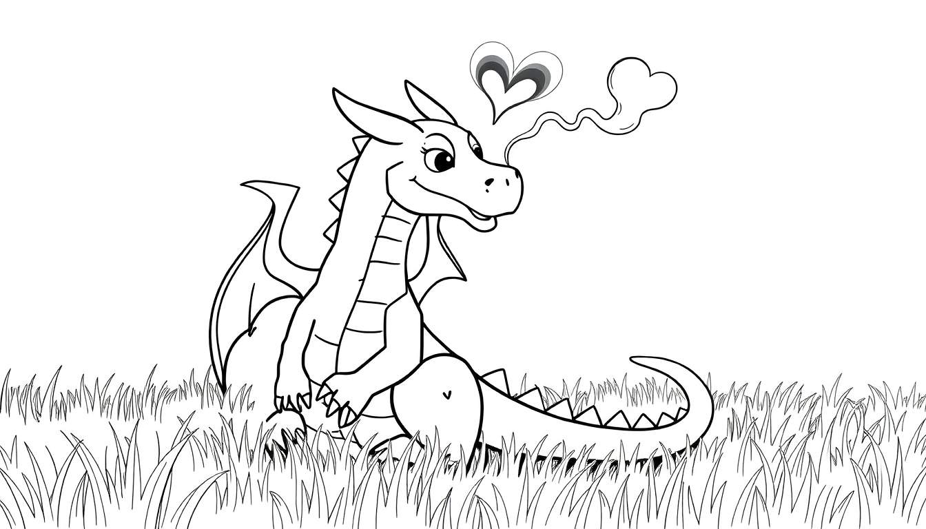 Desenho a preto e branco de um dragão amigável com asas e fumaça em forma de coração.