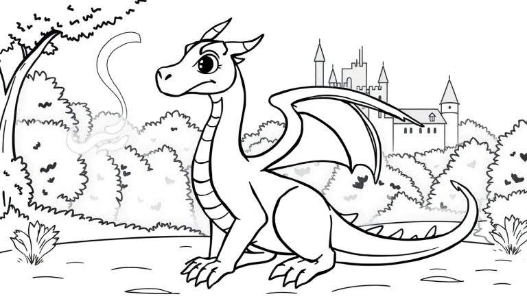 Um dragão mal-humorado com asas parcialmente abertas e cauda curvada, em uma floresta com um castelo ao fundo.
