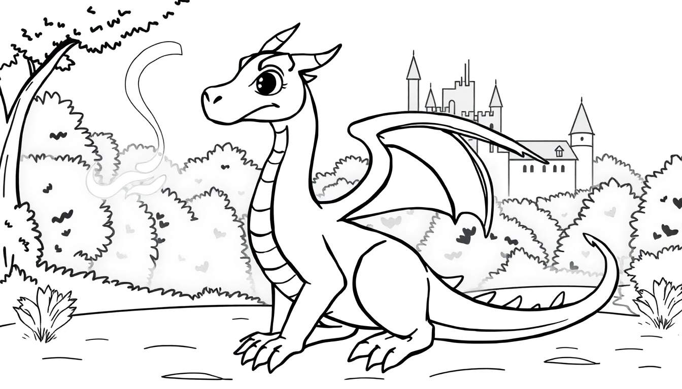 Um dragão mal-humorado com asas parcialmente abertas e cauda curvada, em uma floresta com um castelo ao fundo.