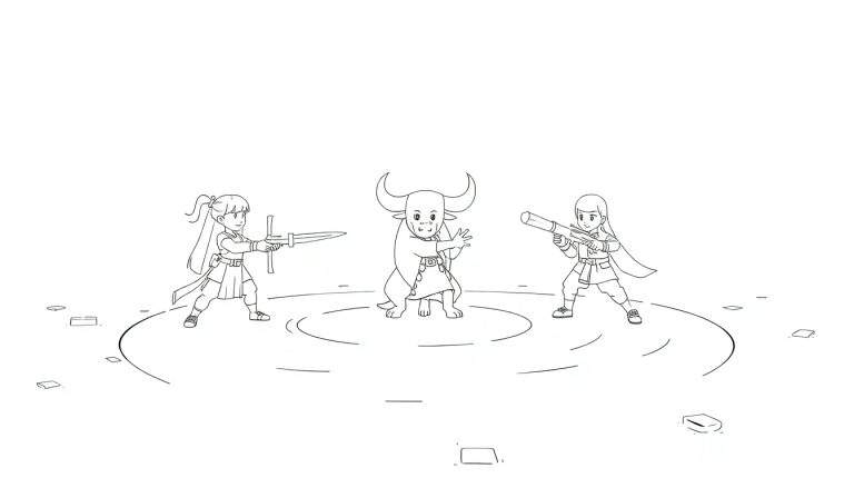 Desenho em preto e branco de um touro a ser confrontado por dois combatentes com armas.