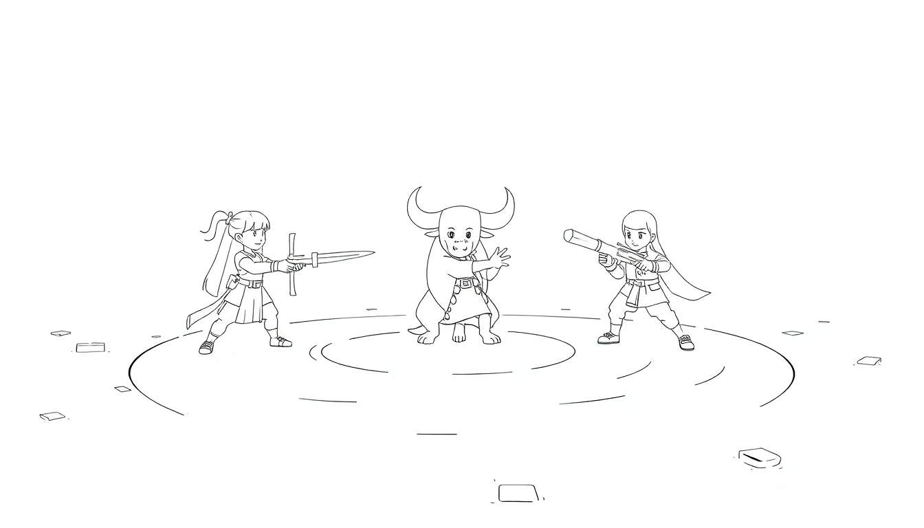 Desenho em preto e branco de um touro a ser confrontado por dois combatentes com armas.