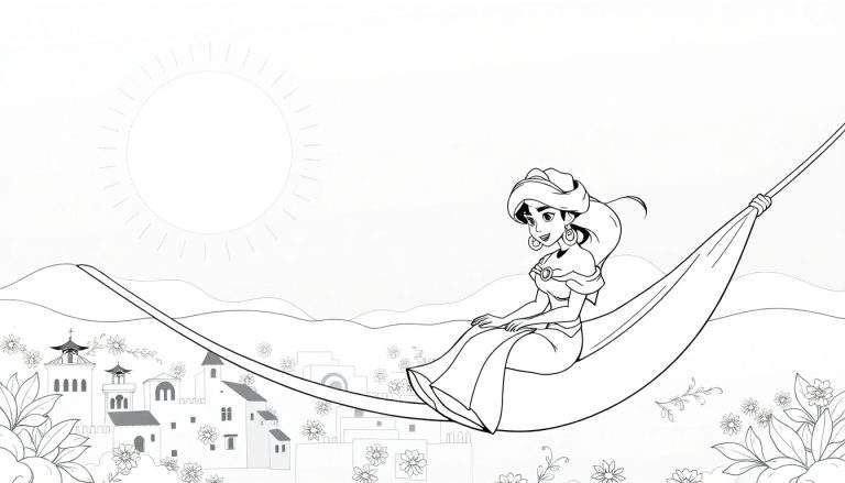 Desenho em preto e branco de uma princesa sentada em uma rede sob um sol estilizado e colinas, com uma cidade ao fundo.