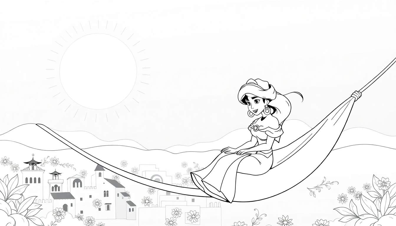 Desenho em preto e branco de uma princesa sentada em uma rede sob um sol estilizado e colinas, com uma cidade ao fundo.