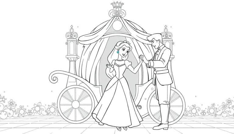Desenho a preto e branco de um príncipe e uma princesa em frente a uma carruagem ornamental, num desenho estilo livro de colorir com detalhes de flores e plantas.