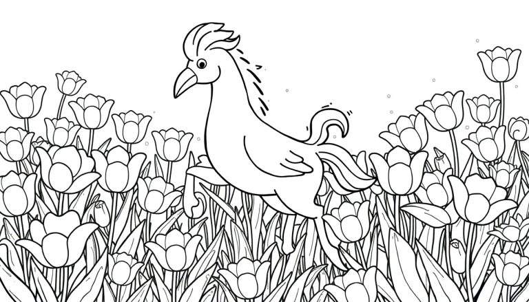 Uma criatura fantástica com cabeça de galo e corpo de cavalo galopando em um campo de tulipas, desenhada em preto e branco como uma página de colorir.